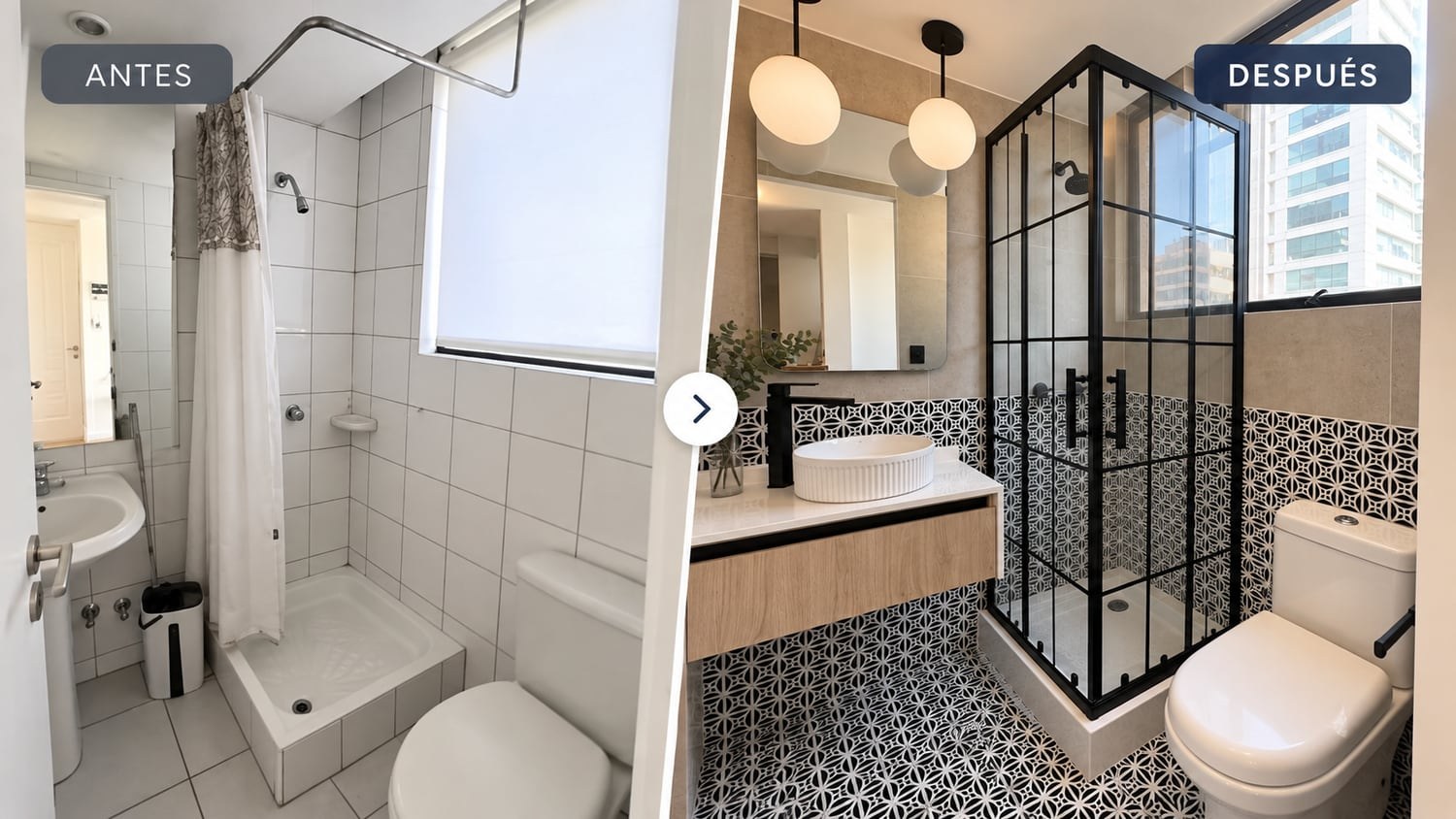 Baño antes y después de la remodelación: baño blanco con cortina de ducha y el baño nuevo con mampara y revestimiento decorado