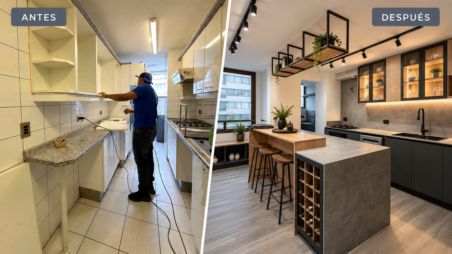 Cocina antes y después de la remodelación: cocina antigua angosta y la cocina nueva con isla y barra