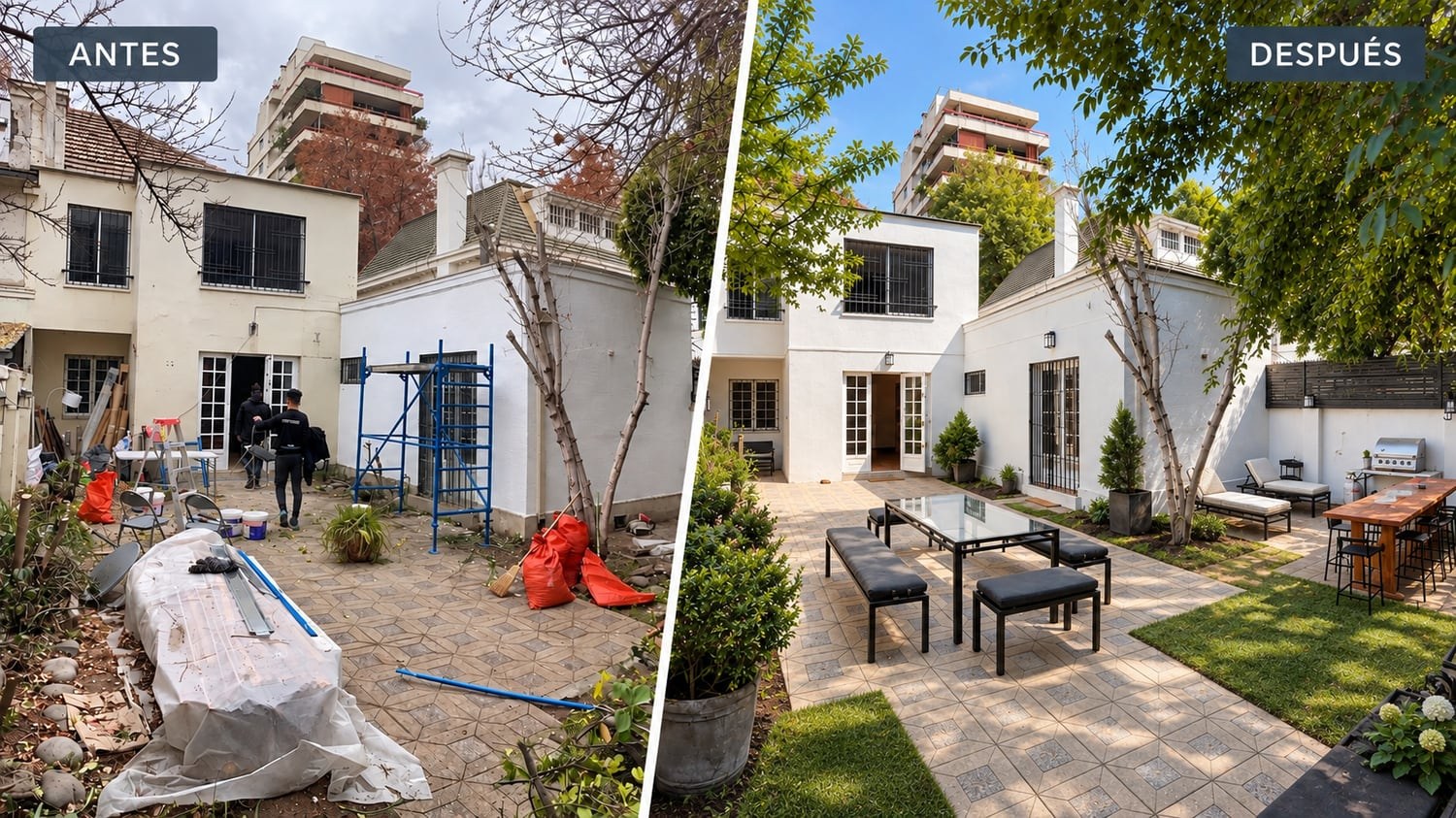 Fachada y patio antes y después: la obra en curso con andamios y el resultado terminado con pintura y jardín